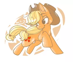 Size: 700x600 | Tagged: safe, artist:clockworkquartet, derpibooru import, applejack, earth pony, pony, abstract background, female, leaping, looking back, mare, smiling, solo