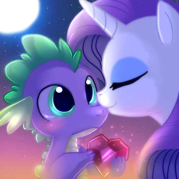 Size: 2222x2222 | Tagged: safe, artist:jacky-bunny, derpibooru import, rarity, spike, dragon, pony, unicorn, blushing, dilated pupils, eyes closed, female, fire ruby, heart, high res, interspecies, kissing, male, mare, moon, ruby, shipping, sparity, spikelove, stars, straight