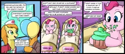 Size: 900x394 | Tagged: safe, artist:madmax, derpibooru import, pinkie pie, earth pony, pony, baby, baby pony, balloon, comic, cupcake, eating, female, food, male, mare, maternity ward, oatmeal, oats, stallion