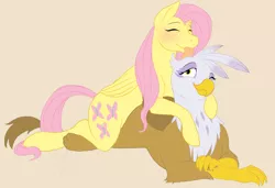 Size: 1716x1174 | Tagged: dead source, safe, artist:cartoonlion, derpibooru import, fluttershy, gilda, gryphon, pegasus, pony, blushing, female, gildashy, grooming, lesbian, licking, mare, on top, prone, shipping, simple background, smiling