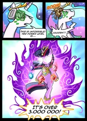 Size: 860x1200 | Tagged: safe, artist:madmax, derpibooru import, princess celestia, twilight sparkle, alicorn, pony, unicorn, comic, crossover, dragon ball, duo, duo female, elements of harmony, female, glowing eyes, hilarious in hindsight, mare, meme, over 9000