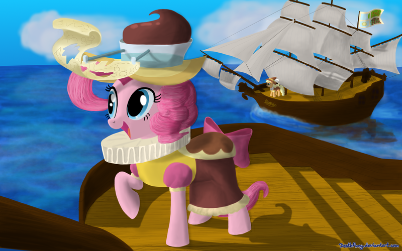 Size: 2000x1250 | Tagged: safe, artist:deathpwny, derpibooru import, applejack, chancellor puddinghead, pinkie pie, smart cookie, earth pony, pony, clothes, costume, duo, duo female, female, flag, hat, map, mare, ocean, raised hoof, ruff (clothing), ship