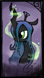Size: 1208x2116 | Tagged: dead source, safe, artist:dagmlp, derpibooru import, queen chrysalis, changeling, changeling queen, bust, female, floppy ears, frown, glowing horn, image, looking away, magic, png, portrait, signature, solo, stray strand, three quarter view