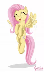 Size: 825x1320 | Tagged: dead source, safe, artist:mysticalpha, derpibooru import, fluttershy, pegasus, pony, eyes closed, female, flying, happy, mare, simple background, solo