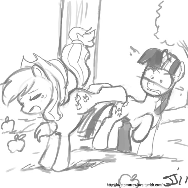 Size: 1280x1280 | Tagged: safe, artist:johnjoseco, derpibooru import, applejack, twilight sparkle, earth pony, pony, unicorn, bucking, duo, duo female, female, grayscale, mare, monochrome, scared, tired