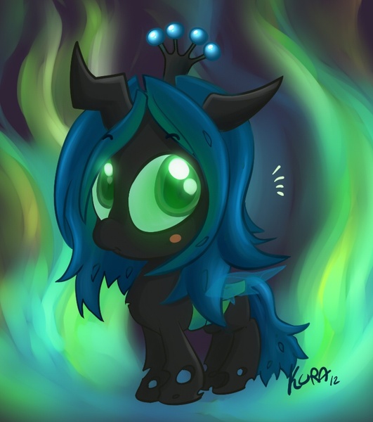 Size: 752x849 | Tagged: safe, artist:kuraton, derpibooru import, queen chrysalis, changeling, changeling queen, nymph, alternate hairstyle, big head, blushing, colored pupils, female, floppy ears, image, jpeg, looking away, signature, solo