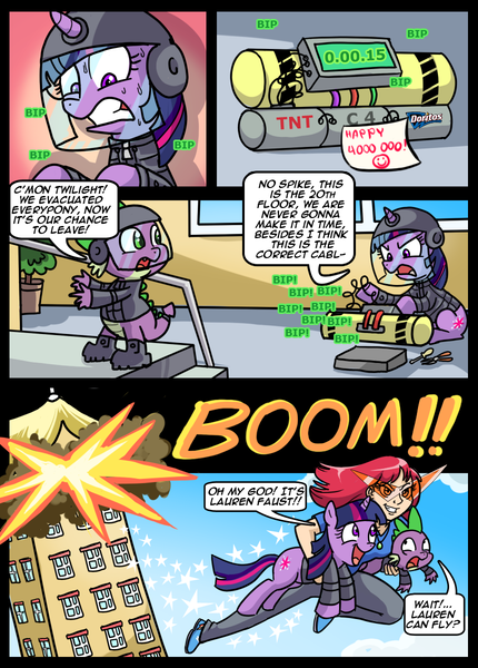 Size: 860x1200 | Tagged: safe, artist:madmax, derpibooru import, spike, twilight sparkle, dragon, human, pony, unicorn, armor, bomb, bomb squad, chips, comic, dialogue, doritos, explosion, female, flying, food, glasses, kamina sunglasses, lauren faust, male, mare, superhero, sweat, weapon