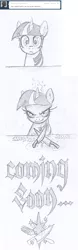Size: 980x3159 | Tagged: safe, artist:skutchi, derpibooru import, twilight sparkle, pony, unicorn, comic, epic meal time, female, knife, looking at you, mare, monochrome, smiling, smirk, solo