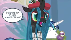 Size: 1000x564 | Tagged: safe, derpibooru import, edit, edited screencap, screencap, queen chrysalis, shining armor, changeling, changeling queen, pony, unicorn, a canterlot wedding, clothes, duo, fangs, female, floppy ears, glasses, hat, hipster, hub logo, image, jpeg, male, mind control, open mouth, stallion, sweater