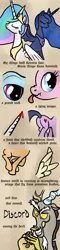 Size: 600x2500 | Tagged: safe, artist:arrkhal, derpibooru import, discord, princess celestia, princess luna, alicorn, pony, bible, female, mare, scrunchy face, tongue out