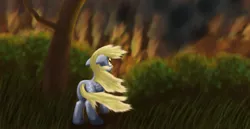 Size: 1200x620 | Tagged: safe, artist:arrkhal, derpibooru import, derpy hooves, pegasus, pony, epic derpy, female, fire, floppy ears, forest fire, mare, rear view, solo, tree, windswept mane