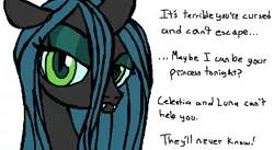 Size: 630x346 | Tagged: source needed, suggestive, artist:creepycurse, derpibooru import, queen chrysalis, changeling, changeling queen, bedroom eyes, bronybait, bust, chrysdom, cursed, dialogue, fangs, female, femdom, floppy ears, image, looking at you, png, portrait, solo, solo female, talking to viewer