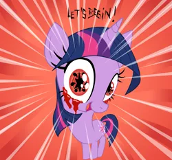 Size: 1599x1488 | Tagged: semi-grimdark, artist:skutchi, derpibooru import, twilight sparkle, pony, unicorn, abstract background, blood, dialogue, female, gore, looking at you, mangekyo sharingan, mare, naruto, open mouth, sharingan, smiling, solo, wingding eyes