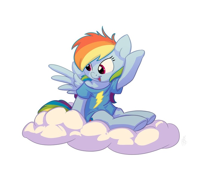 Size: 994x800 | Tagged: safe, artist:carnifex, derpibooru import, rainbow dash, pegasus, pony, clothes, cloud, cute, dashabetes, female, filly, filly rainbow dash, shirt, sitting, smiling, solo, t-shirt, younger