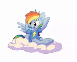Size: 994x800 | Tagged: safe, artist:carnifex, derpibooru import, rainbow dash, pegasus, pony, clothes, cloud, cute, dashabetes, female, filly, filly rainbow dash, shirt, sitting, smiling, solo, t-shirt, younger