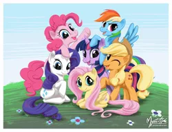 Size: 1100x844 | Tagged: dead source, safe, artist:mysticalpha, derpibooru import, applejack, fluttershy, pinkie pie, rainbow dash, rarity, twilight sparkle, earth pony, pegasus, pony, unicorn, cute, female, mane six, mane six opening poses, mare, smiling, unicorn twilight, wink