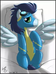 Size: 1500x2000 | Tagged: suggestive, artist:skipsy, derpibooru import, soarin', pegasus, pony, bed, goggles, male, on back, pillow, solo, solo male, spread wings, stallion, wings, wonderbolts uniform