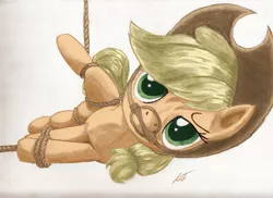 Size: 1754x1276 | Tagged: suggestive, artist:kittyhawk-contrail, derpibooru import, applejack, earth pony, pony, applesub, bit gag, bondage, female, femsub, gag, looking at you, mare, rope, side, solo, solo female, submissive