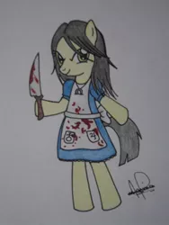 Size: 612x816 | Tagged: alice liddell, alice madness returns, american mcgee's alice, apron, artist:mariwii, blood, clothes, crossover, derpibooru import, female, grimdark, knife, ponified, semi-anthro, solo, traditional art, vorpal blade