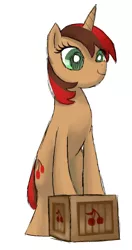 Size: 584x1109 | Tagged: safe, artist:needsmoarg4, derpibooru import, cherry spices, pony, unicorn, crate, female, g4, mare, redesign, simple background, solo, white background