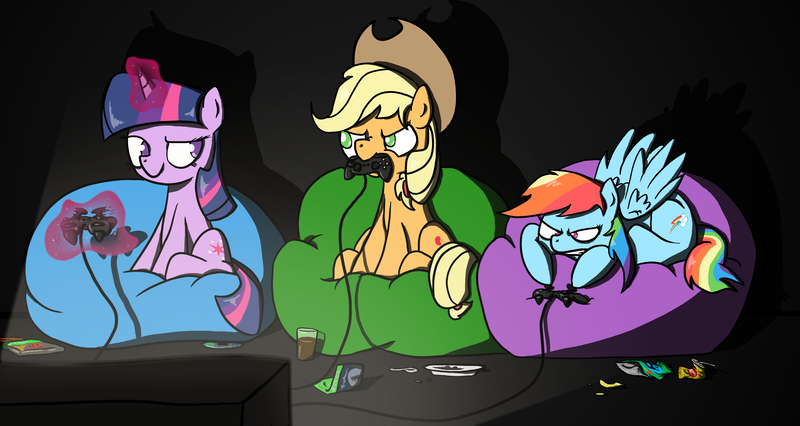 Size: 4052x2156 | Tagged: safe, artist:tealdragon44, derpibooru import, applejack, rainbow dash, twilight sparkle, earth pony, pegasus, pony, unicorn, annoyed, beanbag chair, controller, female, gamer twi, glowing horn, joystick, magic, mouth hold, sitting, smug, unicorn master race, video game, wallpaper