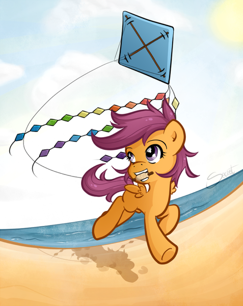 Size: 584x734 | Tagged: safe, artist:secret-pony, derpibooru import, scootaloo, pegasus, pony, beach, cloud, cloudy, cute, cutealoo, female, filly, happy, kite, looking up, mouth hold, running, shadow, smiling, solo
