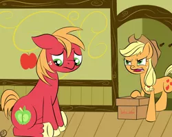 Size: 1250x1000 | Tagged: safe, artist:terra-aquis, derpibooru import, applejack, big macintosh, earth pony, pony, box, caught, female, male, mare, porn, porn stash, sitting, stallion