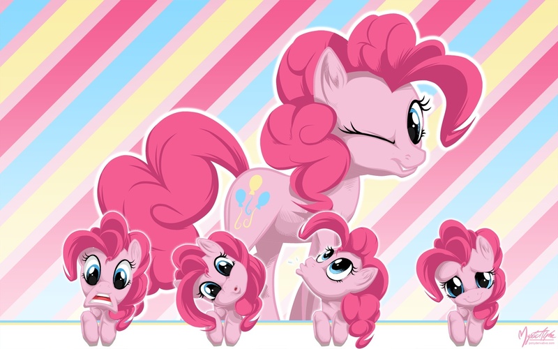 Size: 1680x1050 | Tagged: safe, artist:mysticalpha, derpibooru import, pinkie pie, earth pony, pony, abstract background, female, funny faces, mare, multeity, too much pink energy is dangerous, wallpaper, wink