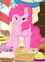 Size: 1140x1574 | Tagged: all fours, anthro, artist:whitmaverick, barbie doll anatomy, breasts, cake, cupcake, derpibooru import, featureless breasts, female, looking at you, party, pie, pinkie pie, smiling, solo, solo female, streamers, suggestive, unguligrade anthro