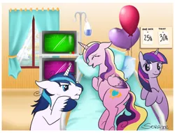Size: 1280x978 | Tagged: safe, artist:black-namer, derpibooru import, princess cadance, shining armor, twilight sparkle, alicorn, pony, unicorn, balloon, bed, bipedal, bipedal leaning, electrocardiogram, female, hilarious in hindsight, hospital, leaning, male, mare, messy mane, pillow, plot, pregdance, pregnant, prone, sensibly-proportioned pregnancy, shiningcadance, shipping, stallion, straight, stubble