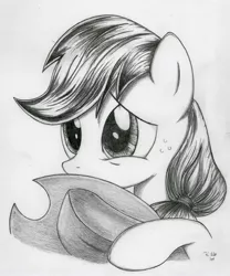 Size: 2237x2692 | Tagged: safe, artist:ayzuki, derpibooru import, applejack, earth pony, pony, bust, female, frown, grayscale, high res, mare, monochrome, portrait, solo, traditional art