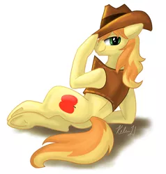 Size: 2000x2097 | Tagged: safe, artist:viperviolist, derpibooru import, braeburn, earth pony, pony, cowboy hat, hat, high res, looking at you, looking back, looking back at you, male, side, signature, simple background, smiling, smirk, solo, stallion, underhoof, white background