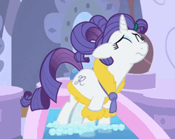 Size: 370x294 | Tagged: safe, derpibooru import, screencap, rarity, pony, unicorn, green isn't your color, animated, bathrobe, blinking, clothes, female, floppy ears, frown, gif, gritted teeth, mare, marshmelodrama, pouting, rarity being rarity, robe, sad, solo, spa