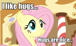 Size: 922x564 | Tagged: safe, derpibooru import, edit, edited screencap, screencap, fluttershy, pegasus, pony, bronybait, female, hug, image macro, mare, smiling, solo