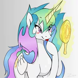 Size: 2500x2500 | Tagged: safe, artist:zev, derpibooru import, princess celestia, alicorn, pony, :p, bedroom eyes, blushing, cute, cutelestia, eye clipping through hair, female, gradient background, high res, magic, mare, messy mane, mirror, missing accessory, pretty, raised hoof, smiling, solo, telekinesis, tongue out