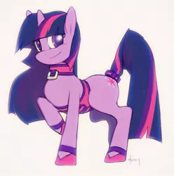 Size: 1200x1208 | Tagged: safe, artist:doxy, derpibooru import, twilight sparkle, pony, unicorn, clothes, collar, colored pupils, corset, female, looking at you, mare, raised hoof, shoes, simple background, smiling, solo, tail wrap, tailcuff, white background