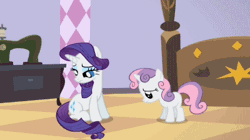 Size: 400x224 | Tagged: safe, derpibooru import, edit, edited screencap, screencap, rarity, sweetie belle, pony, unicorn, sisterhooves social, angry, animated, carousel boutique, duo, duo female, female, filly, gif, mare, reaction image