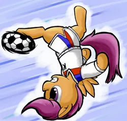 Size: 2100x2000 | Tagged: abstract background, artist:osakaoji, ask dangerloo, ball, bicycle kick, clothes, dangerloo, derpibooru import, female, football, high res, safe, scootaloo, semi-anthro, smiling, solo, upside down