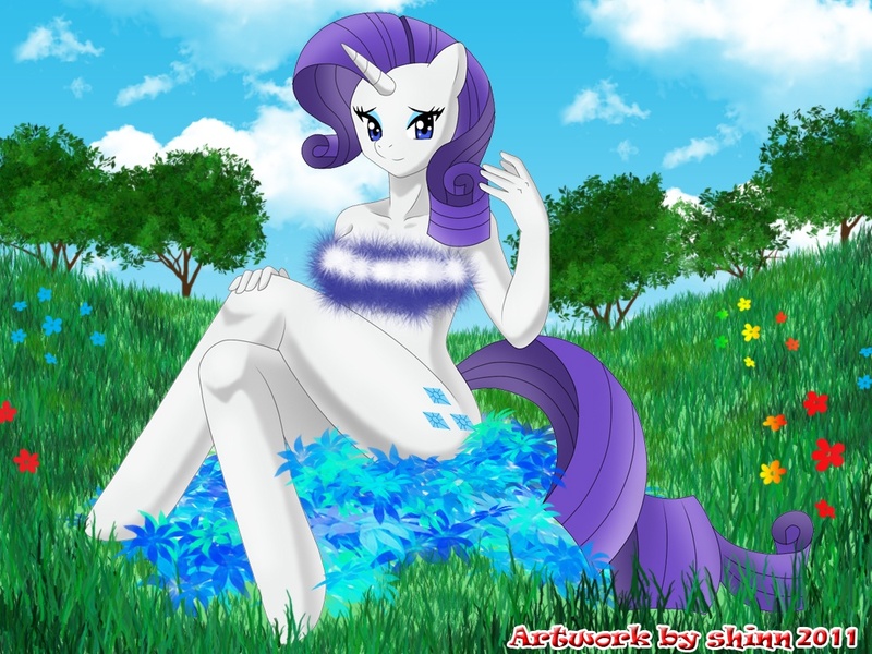 Size: 1024x768 | Tagged: anthro, artist:shinn3, bottomless, breasts, censored, derpibooru import, female, flower, grass, magic censor, nudity, outdoors, poison joke, rarity, sitting, solo, solo female, suggestive, tree, unguligrade anthro