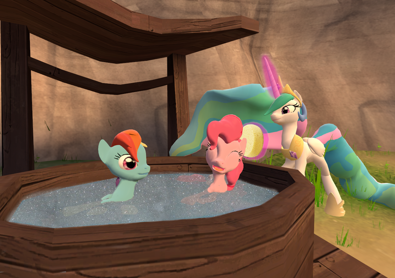 Size: 1280x900 | Tagged: source needed, safe, artist:saburodaimando, derpibooru import, pinkie pie, princess celestia, rainbow dash, alicorn, earth pony, pegasus, pony, 3d, bath, bubble bath, female, gmod, magic, mare, outdoors, photoshop, trio, trio female, whirlpool