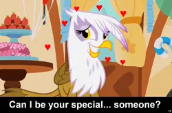 Size: 1024x670 | Tagged: safe, derpibooru import, edit, edited screencap, screencap, gilda, gryphon, bronybait, caption, cs captions, female, heart, smiling, solo