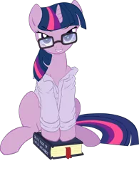 Size: 1998x2562 | Tagged: suggestive, artist:brianblackberry, derpibooru import, twilight sparkle, pony, unicorn, .svg available, bedroom eyes, book, bottomless, clothes, female, glasses, grin, looking at you, mare, partial nudity, shirt, simple background, sitting, smiling, solo, solo female, stupid sexy twilight, transparent background, unicorn twilight, vector