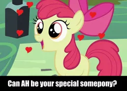 Size: 898x648 | Tagged: safe, derpibooru import, edit, edited screencap, screencap, apple bloom, earth pony, pony, caption, female, filly, heart, solo, special somepony