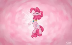 Size: 2520x1575 | Tagged: safe, artist:mysticalpha, derpibooru import, pinkie pie, earth pony, pony, abstract background, element of laughter, elements of harmony, eyes closed, female, happy, mare, solo, wallpaper