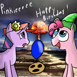 Size: 1000x1000 | Tagged: safe, artist:archimedesogle, derpibooru import, pinkie pie, twilight sparkle, earth pony, pony, unicorn, duo, duo female, explosion, female, filmcow, hat, llamas with hats, mare, nuclear explosion
