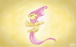 Size: 2520x1575 | Tagged: safe, artist:mysticalpha, derpibooru import, fluttershy, pegasus, pony, abstract background, element of kindness, elements of harmony, eyes closed, female, happy, mare, solo, wallpaper