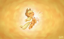 Size: 2520x1575 | Tagged: safe, artist:mysticalpha, derpibooru import, applejack, earth pony, pony, abstract background, element of honesty, elements of harmony, eyes closed, female, happy, mare, solo, wallpaper