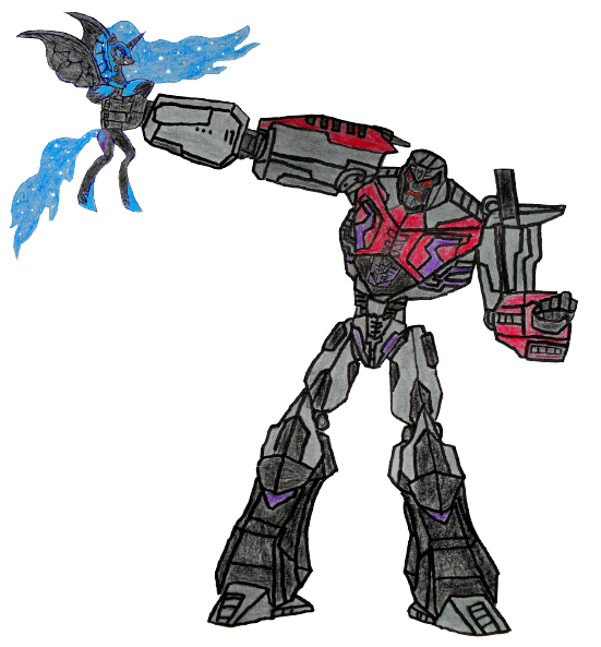 Size: 551x593 | Tagged: artist needed, safe, derpibooru import, nightmare moon, alicorn, pony, duo, female, holding a pony, mare, megatron, simple background, transformers, transparent background