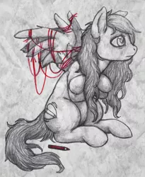Size: 646x788 | Tagged: safe, artist:aisu-isme, derpibooru import, oc, oc:artbeat, unofficial characters only, pegasus, pony, creepy ponies, crossed hooves, female, grayscale, mare, monochrome, neo noir, partial color, pencil, sitting, solo, spread wings, string, tangled up