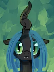 Size: 900x1195 | Tagged: safe, artist:tggeko, derpibooru import, queen chrysalis, changeling, changeling queen, nymph, abstract background, bust, fangs, female, floppy ears, image, looking at you, png, portrait, signature, solo